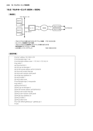 218




      # ip lan1 address 192.168.0.1/24
      # nat descriptor type 1 nat
      # nat descriptor address outer 1 172.16.0.1-172.16.0.14
      # pp select 1
      pp1# pp bind bri2.1
      pp1# ip pp nat descriptor 1
      pp1# isdn remote address call 0312345678
      pp1# pp auth accept chap pap
      pp1# pp auth myname userA passA
      pp1# ppp ipcp ipaddress on
      pp1# pp enable 1
      pp1# pp select none
      # nat descriptor type 2 masquerade
      # pp select 2
      pp2# pp bind bri2.2
      pp2# ip pp nat descriptor 2
      pp2# isdn remote address call 0387654321
      pp2# pp auth accept chap pap
      pp2# pp auth myname userB passB
      pp2# ppp ipcp ipaddress on
      pp2# pp enable 2
      pp2# pp select none
      # ip route default gateway pp 1 gateway pp 2
      # save
 