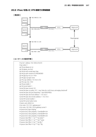 237




# ip lan1 address 192.168.0.254/24
# pp select 1
pp1# pp always-on on
pp1# pppoe use lan2
pp1# pp auth accept pap chap
pp1# pp auth myname ID PASSWORD
pp1# ppp lcp mru on 1454
pp1# ppp ccp type none
pp1# ip pp address 172.16.0.1/32
pp1# ip pp mtu 1454
pp1# pp enable 1
pp1# tunnel select 1
tunnel1# ipsec tunnel 101
tunnel1# ipsec sa policy 101 1 esp 3des-cbc md5-hmac anti-replay-check=off
tunnel1# ipsec ike pre-shared-key 1 text IKEKEYPASS
tunnel1# ipsec ike local address 1 172.16.0.1
tunnel1# ipsec ike remote address 1 172.17.0.1
tunnel1# tunnel enable 1
tunnel1# tunnel select none
# ipsec auto refresh on
# ip route 172.17.0.1 gateway pp 1
# ip route 192.168.1.0/24 gateway tunnel 1
# queue lan2 type shaping
# queue lan2 class property 1 bandwidth=3m
# queue lan2 class property 2 bandwidth=5m
# queue lan2 class property 3 bandwidth=2m
# queue class ﬁlter 1 1 ip * * tcp www *
# queue class ﬁlter 2 1 ip * * tcp * www
# queue class ﬁlter 3 3 ip * * tcp ftp *
# queue class ﬁlter 4 3 ip * * tcp * ftp
 