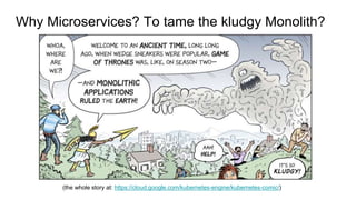 Why Microservices? To tame the kludgy Monolith?
(the whole story at: https://cloud.google.com/kubernetes-engine/kubernetes-comic/)
 