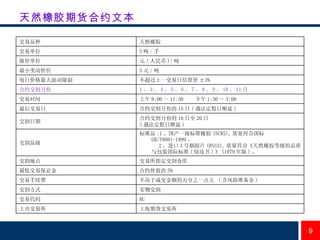 天然橡胶期货合约文本 上海期货交易所 上市交易所 RU 交易代码 实物交割 交割方式 不高于成交金额的万分之一点五  ( 含风险准备金 ) 交易手续费 合约价值的 5% 最低交易保证金 交易所指定交割仓库 交割地点 标准品 :1 、国产一级标准橡胶 (SCR5), 质量符合国标 GB/T8081-1999 。 2 、进口 3 号烟胶片 (RSS3), 质量符合《天然橡胶等级的品质与包装国际标准 ( 绿皮书 ) 》 (1979 年版 ) 。 交割品级 合约交割月份的 16 日至 20 日 ( 遇法定假日顺延 ) 交割日期 合约交割月份的 15 日 ( 遇法定假日顺延 ) 最后交易日 上午 9:00 ～ 11:30  下午 1:30 ～ 3:00 交易时间 1 、 3 、 4 、 5 、 6 、 7 、 8 、 9 、 10 、 11 月 合约交割月份 不超过上一交易日结算价 ±3% 每日价格最大波动限制 5 元 / 吨 最小变动价位 元 ( 人民币 )/ 吨 报价单位 5 吨 / 手 交易单位 天然橡胶 交易品种 
