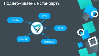 MISRA
Поддерживаемые стандарты
CWE
OWASP
AUTOSAR
CERT
10
 