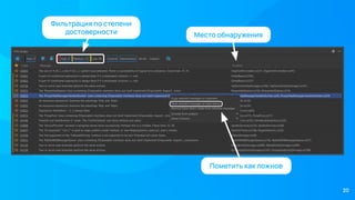 Фильтрация по степени
достоверности Место обнаружения
Пометить как ложное
20
 