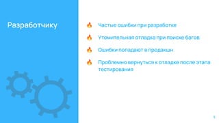 Разработчику 🔥 Частые ошибки при разработке
🔥 Утомительная отладка при поиске багов
🔥 Ошибки попадают в продакшн
🔥 Проблемно вернуться к отладке после этапа
тестирования
5
 