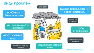 ошибки доступа к
памяти
опечатки
переполнение
буфера
выход за
границы
неправильная работа
с методами
ошибки сериализации /
десериализации
недостижимый
код
проблемы
безопасности
и многое другое...
неправильная работа с
типами
ошибки
синхронизации
Виды проблем
9
 