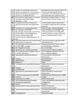 KatanchykM@gmail.com
117 Вредные привычки: SchädlichenGewohnheiten:
118 Алкоголь: Alkoholkonsum:
119 отрицает. verneint.
120 Прочие вредные привычки: Andere schädlichenGewohnheiten:
121 курение. Das Rauchen.
122 Аллергоанамнез: Allergieanamnese:
123 пенициллин,ампициллин, Penicillin,Ampicillin,
124 геморрагическая hämorrhagisches
125 сыпь. Exanthem.
126 Холодоваякрапивница. Kälteurtikaria.
127 Гинекологическийанамнез: Gynäkologische Anamnese:
128 Постменопаузас 47 лет. PostmenopauseseitdemAlterrvon47
Jahre.
129 Б - 3, Р-2. Gravida3, Para 2
130 РентгенографияОГК: Röntgen-Thorax-Untersuchung:
131 9/8/16 г безинфильтративных
изменений.
vom09.08.2016 - ohne infiltrative
Veränderungen.
132 Состояние припоступлении: Zustandbei derAufnahme:
133 Гликемия: Glykämie:
134 14 ммоль/л. 14 mmol/l.
135 Состояние среднейст.тяжести,
обусловленосочетаннойпатологией,
декомпенсациейсахарногодиабета,
интоксикациейна фоне ПХТ. *
Температуратела36,0СТелосложение
гиперстеническое.
MittelgradigschwererZustand,bedingt
durch die begleitende Pathologie,
EntgleisungbeimDiabetes,Intoxikation
auf demHintergrundvon
Polychemotherapie.*Körpertemperatur
36 0С. Konstitutionhypersthenisch.
136 Подкожная жировая клетчатка: SubkutanesFettgewebe:
137 развита избыточно. übermäßigentwickelt.
138 Рост 157 см, вес 90 кг, ИМТ 37 кг/м2. Köprerhöhe 157 cm, Gewicht90 kg,BMI
37 kg/m2.
139 Кожные покровыобычнойокраски,
сухие.
Die Haut normal gefärbt,trocken.
140 Отекиголенейистоп,умеренно
выраженные.
SchwellungenderBeineundFüße,mäßig
ausgeprägt.
141 Тургоркожи сохранен. Hautturgor gespeichert.
142 Лимфоузлы: Lymphknoten:
143 пальпируемые группылимфоузловне
изменены.
Tastbare Lymphknotengruppennicht
verändert.
144 Кожа стоп сухая,с гиперкератозами,
выраженнымитрофическими
изменениями.
Die Haut der Füße trocken,mit
Hyperkeratose undschwerentrophischen
Veränderungen.
145 Левая молочнаяжелезаувеличена,
нижняя часть гиперемирована,
уплотнена.
Die linke Brustvergrößert,deruntere Teil
hyperämisch,abgedichtet.
146 Мышцы безболезнены. Muskelnschmerzlos.
147 Н. valgusс двух сторон.п/ксправа
установленпорт,асептическая
N.valgusvon zwei Seiten.EinPortsystem
subkutanrechts,aseptischerAufkleber.
 