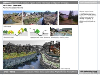 ESTRATEGIA: Creación de redes de espacio público a través de la mitigación de riesgos.                                   Matriz espacio público
PAISAJE DEL ABANDONO
Potencialidades del estero
                                                                                                                         Mitigación riesgos inundación,
                                                                                                                         erosión y sanitarios del estero:
                                                                                                                         El estero es aprovechado como un
                                                                                                                         eje peatonal que atraviesa la ciudad
                                                                                                                         reconectándola con la riqueza
                                                                                                                         natural de sus quebradas. Se
                                                                                                                         aprovecha la reutilización de
                                                                                                                         escombros en la definición de sus
                                                                                                                         bordes.


Situación actual




Situación cerro arriba             S. angosta en plano, muelles, reforestación. Ensanche espacio público en el plano.




                                                                                                   Situación propuesta


 PAISE Y RIESGO           Jorge Ampuero , Victoria Cross, Angela Ibáñez, Angélica Montes, Antonia Moreno                  Curso Regeneración Urbana
                                                                                                                                  1er semestre 2010 MPUR
 