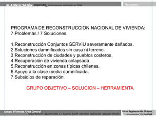 RE-CONSTITUCIÓN Vivienda_ Instrumentos existentes en Chile                                           Resumen




    PROGRAMA DE RECONSTRUCCION NACIONAL DE VIVIENDA:
    7 Problemas / 7 Soluciones.

    1.Reconstrucción Conjuntos SERVIU severamente dañados.
    2.Soluciones damnificados sin casa ni terreno.
    3.Reconstrucción de ciudades y pueblos costeros.
    4.Recuperación de vivienda colapsada.
    5.Reconstrucción en zonas típicas chilenas.
    6.Apoyo a la clase media damnificada.
    7.Subsidios de reparación.

                GRUPO OBJETIVO – SOLUCION – HERRAMIENTA


                                   TIPOLOGIA - ZONIFICACIÓN
Grupo Vivienda Área Central                                                                           Curso Regeneración Urbana
                 Felipe Romero +Azucena Rdz. S.+ Eugenio Swett +Christian Valenzuela +Claudio Viñuela    1er semestre 2010 MPUR
 