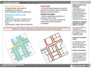 RE-CONSTITUCIÓN Vivienda_ Reglas del Juego                                                                               Resumen
                                                                                                                          DESAFIO URBANO (City
   Área de Expropiación:                                           Perfil calle:                                          Challenger)
   - Se pierde suelo, pero existe la                               - El uso de suelo responde al trazado y                Traspaso de
                                                                                                                          responsabilidad a los
   posibilidad de aumentar la                                      perfil de la avenida o calle que alimenta              actores locales para su
   constructibilidad y altura de edificación.                      de flujo los distintos barrios.                        propia regeneración.
                                                                                                                          Se asume una estrategia
   Edificación frente a vías                                       Fusión de Lotes:                                       de DENSIFICACION
                                                                   - Vecinos organizados acuerdan un                      CENTRAL INTEGRADA,
   Troncales:                                                      precio por m2 de suelo.                                para potenciar la
   - Edificios de uso mixto, comercio en el                                                                               reactiviación económica.
                                                                   - Un terreno con mayor superficie es
   primer piso, viviendas y oficinas mas
                                                                   mucho mas atractivo para una                           CONSORCIOS URBANOS
   arriba.                                                                                                                Asociación de actores
                                                                   inmobiliaria.
   - Equipamiento según área de influencia.                                                                               públicos y privados.

   EL ROL DE UNA A.D.P.U. ES PRESERVAR LOS INTERESES DE LAS PARTES ASOCIADAS EN TERMINOS LEGALES, NORMATIVOS, SOCIALES,
                                                                                                                          Grupos de propietarios,
                ECONOMICOS Y DE DISEÑO, CONSERVANDO PATICULARMENTE CRITERIOS DE SUSTENTABILIDA URBANA.                    arrasados por la
                                                                                                                          catástrofe, se organizan
                                                                                                                          para negociar sus tierras
                                                                                                                          en grandes áreas.
                                                                                                                          FUSION DE LOTES.

                                                                                                                          Creación de sociedades
                                  15                                                                                      mixtas.
                     17                                                                                                   Las inmobiliarias optan
                                                                                                                          por asociarse con el
                                                                                                                          conjunto de propietarios
                                         19                                                                               con el fin de generar
                                                                                                                          ofertas mas atractivas.
                          12
                                                                                                                          Poder de expropiación.
             10                                18                                                                         Al ceder terrenos para el
                                                                                                                          reordenamiento urbano
                                 23                                                                                       es posible negociar la
                                                                                                                          constructibilidad, y con
                    21                                                                                                    ello aumentar la oferta,
                                                                                                                          siendo mas atractiva la
                                                                                                                          inversión.

Grupo Vivienda Área Central                                                                                 Curso Regeneración Urbana
                       Felipe Romero +Azucena Rdz. S.+ Eugenio Swett +Christian Valenzuela +Claudio Viñuela    1er semestre 2010 MPUR
 
