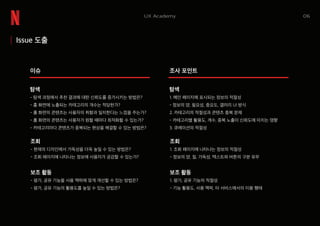06UX Academy
Issue 도출
이슈
탐색
- 탐색 과정에서 추천 결과에 대한 신뢰도를 증가시키는 방법은?
- 홈 화면에 노출되는 카테고리의 개수는 적당한가?
- 홈 화면의 콘텐츠는 사용자의 취향과 일치한다는 느낌을 주는가?
- 홈 화면의 콘텐츠는 사용자가 원할 때마다 최적화할 수 있는가?
- 카테고리마다 콘텐츠가 중복되는 현상을 해결할 수 있는 방법은?
조회
- 현재의 디자인에서 가독성을 더욱 높일 수 있는 방법은?
- 조회 페이지에 나타나는 정보에 사용자가 공감할 수 있는가?
보조 활동
- 평가, 공유 기능을 사용 맥락에 맞게 개선할 수 있는 방법은?
- 평가, 공유 기능의 활용도를 높일 수 있는 방법은?
조사 포인트
탐색
1. 메인 페이지에 표시되는 정보의 적절성
- 정보의 양, 필요성, 중요도, 갤러리 UI 방식
2. 카테고리의 적절성과 콘텐츠 중복 문제
- 카테고리별 활용도, 개수, 중복 노출이 신뢰도에 미치는 영향
3. 큐레이션의 적절성
조회
1. 조회 페이지에 나타나는 정보의 적절성
- 정보의 양, 질, 가독성, 텍스트와 버튼의 구분 유무
보조 활동
1. 평가, 공유 기능의 적절성
- 기능 활용도, 사용 맥락, 타 서비스에서의 이용 행태
 