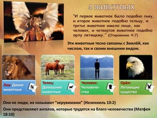 Лев: Дикие
животные
Телец:
Домашние
животные
Человек:
Человече-
ство
Орёл:
Летающие
существа
Они не люди, их называют “херувимами” (Иезекииль 10:2)
Они представляют ангелов, которые трудятся на благо человечества (Матфея
18:10)
Эти животные тесно связаны с Землёй, как
числом, так и своим внешним видом.
 