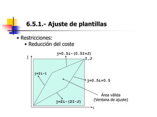6.5.1.- Ajuste de plantillas
• Restricciones:
• Reducción del coste
I,J
j=0.5i-(0.5I+J)
j=2i-(2I-J)
j=2i-1
j=0.5i+0.5
Área válida
(Ventana de ajuste)
i
j
 