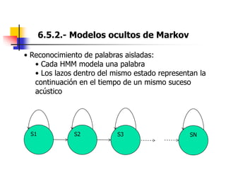 6.5.2.- Modelos ocultos de Markov
• Reconocimiento de palabras aisladas:
• Cada HMM modela una palabra
• Los lazos dentro del mismo estado representan la
continuación en el tiempo de un mismo suceso
acústico
S1 S2 S3 SN
 
