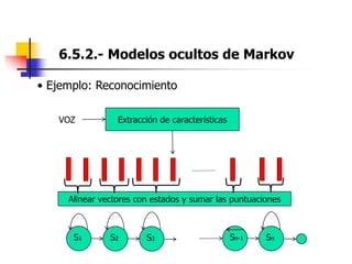 6.5.2.- Modelos ocultos de Markov
• Ejemplo: Reconocimiento
S1 A
S2 S3 Sn-1 Sn
VOZ Extracción de características
Alinear vectores con estados y sumar las puntuaciones
 