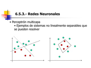 6.5.3.- Redes Neuronales
• Perceptrón multicapa
• Ejemplos de sistemas no linealmente separables que
se pueden resolver
 
