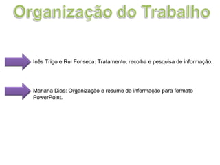 Inês Trigo e Rui Fonseca: Tratamento, recolha e pesquisa de informação. Mariana Dias: Organização e resumo da informação para formato PowerPoint. 