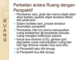 Perkaitan antara Ruang dengan
    Perspektif
       Perubahan saiz, jarak dan warna objek alam
        akan berlaku apabila objek tersebut dilihat
R       dari jarak jauh.
       Dalam konteks seni, proses tersebut
U       dinamakan perspektif.
A      Perubahan nilai ton warna mewujudkan
        ruang kedalaman @ kecetakan sesuatu
N       ruang mengikut ketentuan pelukis.
G      Karya dua dimensi (2-D), garisan grid
        digunakan untuk menimbulkan ruang dan
        ilusi tiga dimensi melalui dua cara iaitu:
       a) Perspektif satu titik lenyap.
       b) Perspektif dua titik lenyap.
 