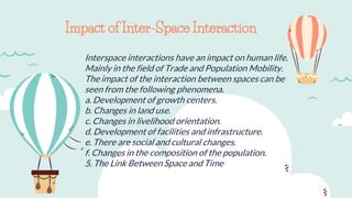 Interspace interactions have an impact on human life.
Mainly in the field of Trade and Population Mobility.
The impact of the interaction between spaces can be
seen from the following phenomena.
a. Development of growth centers.
b. Changes in land use.
c. Changes in livelihood orientation.
d. Development of facilities and infrastructure.
e. There are social and cultural changes.
f. Changes in the composition of the population.
5. The Link Between Space and Time
Impact of Inter-Space Interaction
 