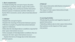 1. Basiccompetencies:
3.1 Understanding the concept of space (location,
distribution, potential, climate, shape of the earth's
surface, geology, flora and fauna) and the interaction
between spaces in Indonesia and their influence on
human life in economic, social, cultural and educational
aspects.
3. Indicator
Explain the concept of space;
Explain the meaning of interaction between spaces;
Mention examples of spatial interactions between
regions in Indonesia;
Describe the interdependence conditions required for
inter-space interactions to occur;
Give examples of interdependent conditions that are
necessary for inter-space interactions to occur;
Explain the forms of change due to the interaction
between spaces.
2.Material
Inter-space interaction (distribution of potential
areas of Indonesia)
The impact of inter-space interactions (trade,
population mobility)
4. LearningActivities
Analyzing the positive and negative impacts of
spatial interactions
Identify problems due to inter-space interactions,
find solutions to the impacts of inter-space
interactions
 