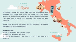 According to Law No. 26 of 2007, space is a container that
includes land space, sea space, air space, including space
within the earth as a territorial unit, where humans and other
creatures live to carry out activities and maintain their
survival.
Space has natural elements, social elements, economic
elements, and cultural elements
Space concept:
1. Place: Jakarta is place, city is space
2. Location: Absolute, Relative
3. Spatial distribution: the distribution of features in a
location
1. Space
 