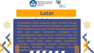Pembelajaran Sosial Emosional dapat diartikan sebagai
pembelajaran kolaboratif yang melibatkan seluruh pihak
terkait yang bertujuan untuk melatih kemampuan peserta
didik agar dapat memahami, mengolah, dan
mengekspresikan aspek sosia dan emosional pada diri
peserta didik agar sukses dalam melakukan berbagai
macam aktivitas hidup seperti belajar, membangun
hubungan, menyelesaikan masalah sehari-hari, dan
beradaptasi terhadap berbagai macam tuntutan
perubahan dan perkembangan
Latar
Belakang
 