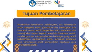Memberikan pemahaman, penghayatan, dan kemampuan
untuk mengelola emosi (kesadaran diri), menetapkan dan
mencapai tujuan positif (Pengelolaan diri), merasakan dan
menunjukkan empati kepada orang lain (kesadaran sosial),
membangun dan mempertahankan hubungan yang positif
(keterampilan membangun relasi), membuat keputusan
yang bertanggung jawab (pengambilan keputusan yang
bertanggung jawab).
Tujuan Pembelajaran
KSE
 