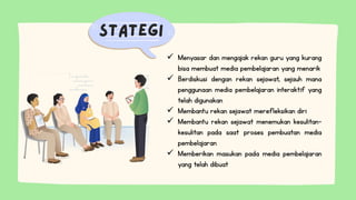  Menyasar dan mengajak rekan guru yang kurang
bisa membuat media pembelajaran yang menarik
 Berdiskusi dengan rekan sejawat, sejauh mana
penggunaan media pembelajaran interaktif yang
telah digunakan
 Membantu rekan sejawat merefleksikan diri
 Membantu rekan sejawat menemukan kesulitan-
kesulitan pada saat proses pembuatan media
pembelajaran
 Memberikan masukan pada media pembelajaran
yang telah dibuat
 