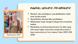  Membuat video pembelajaran yang dipublikasikan melalui
kanal youtube pribadi
 Memanfaatkan teknologi dalam pembelajaran
 Melaksanakan fungsi managerial sebagai ketua kompetensi
keahlian
 Membimbing murid berprestasi bersama tim dalam ajang
LKS sampai tingkat nasional dan memperoleh prestasi 3
besar secara berturut-turut selama 3 tahun (2020, 2021,
2022)
Elistianawati, S.Pd.T.
 