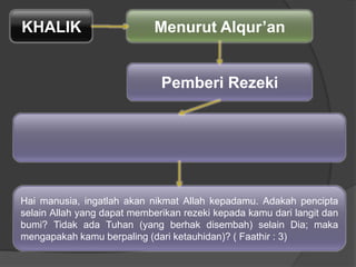 KHALIK Menurut Alqur‟an
Pemberi Rezeki
Hai manusia, ingatlah akan nikmat Allah kepadamu. Adakah pencipta
selain Allah yang dapat memberikan rezeki kepada kamu dari langit dan
bumi? Tidak ada Tuhan (yang berhak disembah) selain Dia; maka
mengapakah kamu berpaling (dari ketauhidan)? ( Faathir : 3)
 
