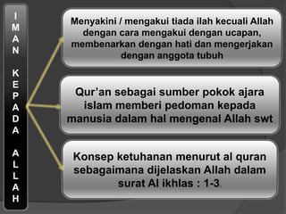 I
M
A
N
K
E
P
A
D
A
A
L
L
A
H
Menyakini / mengakui tiada ilah kecuali Allah
dengan cara mengakui dengan ucapan,
membenarkan dengan hati dan mengerjakan
dengan anggota tubuh
Qur‟an sebagai sumber pokok ajara
islam memberi pedoman kepada
manusia dalam hal mengenal Allah swt
Konsep ketuhanan menurut al quran
sebagaimana dijelaskan Allah dalam
surat Al ikhlas : 1-3.
 
