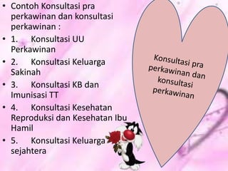 • Contoh Konsultasi pra
perkawinan dan konsultasi
perkawinan :
• 1. Konsultasi UU
Perkawinan
• 2. Konsultasi Keluarga
Sakinah
• 3. Konsultasi KB dan
Imunisasi TT
• 4. Konsultasi Kesehatan
Reproduksi dan Kesehatan Ibu
Hamil
• 5. Konsultasi Keluarga
sejahtera
 