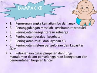 )
• 1. Penurunan angka kematian ibu dan anak
• 2. Penanggulangan masalah kesehatan reproduksi
• 3. Peningkatan kesejahteraan keluarga
• 4. Peningkatan derajat kesehatan
• 5. Peningkatan mutu dan layanan KB
• 6. Peningkatan sistem pengelolaan dan kapasitas
SDM
• 7. Pelaksanaan tugas pimpinan dan fungsi
manajemen dalam penyelenggaraan kenegaraan dan
pemerintahan berjalan lancar
DAMPAK KB
:
 