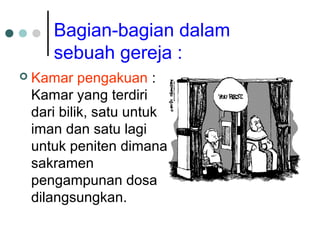 Bagian-bagian dalam
sebuah gereja :
 Kamar pengakuan :
Kamar yang terdiri
dari bilik, satu untuk
iman dan satu lagi
untuk peniten dimana
sakramen
pengampunan dosa
dilangsungkan.
 