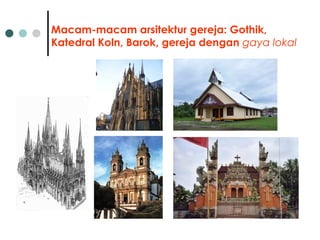 Macam-macam arsitektur gereja: Gothik,
Katedral Koln, Barok, gereja dengan gaya lokal
 