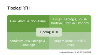 Tipologi RTH
Fisik: Alami & Non Alami
Fungsi: Ekologis, Sosial-
Budaya, Estetika, Ekonomi
Struktur: Pola Ekologis &
Planologis
Kepemilikan: Publik &
Privat.
Tipologi RTH
Peraturan Menteri PU. NO. 5/PRT/M/2008
 