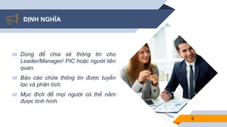 ĐỊNH NGHĨA
▰ Dùng để chia sẻ thông tin cho
Leader/Manager/ PIC hoặc người liên
quan.
▰ Báo cáo chứa thông tin được tuyển
lọc và phân tích.
▰ Mục đích để mọi người có thể nắm
được tình hình.
9
 