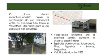 O plano diretor
monofuncionalista prevê a
substituição do uso residencial
entre as avenidas São Paulo e
Voluntários da Pátria para o uso
exclusivo das industrias.
• Vegetação uniforme até a
avenida Santos Dumont, e
esparsa a partir dela.
• Espécies dominantes: Jacarandá,
Tílias, Figueiras – Bravas,
Salgueiros.
• Visibilidade do céu: 95%
Vegetacao
 