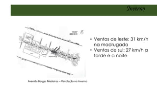 Inverno
• Ventos de leste: 31 km/h
na madrugada
• Ventos de sul: 27 km/h a
tarde e a noite
Avenida Borges Medeiros – Ventilação no Inverno
 