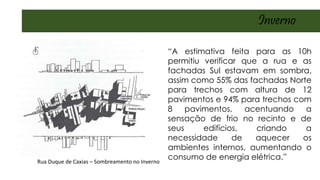 Rua Duque de Caxias – Sombreamento no Inverno
• “A estimativa feita para as 10h
permitiu verificar que a rua e as
fachadas Sul estavam em sombra,
assim como 55% das fachadas Norte
para trechos com altura de 12
pavimentos e 94% para trechos com
8 pavimentos, acentuando a
sensação de frio no recinto e de
seus edifícios, criando a
necessidade de aquecer os
ambientes internos, aumentando o
consumo de energia elétrica.”
Inverno
 