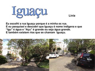 Lívia

Eu escolhi a rua Iguaçu porque é a minha ex rua.
E eu pesquisei e descobri que Iguaçu é nome indígena e que
“Igu” é água e “Açu” é grande ou seja água grande.
E também existem rios que se chamam Iguaçu.
 