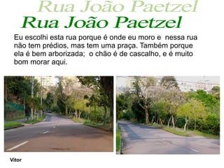 Eu escolhi esta rua porque é onde eu moro e nessa rua
 não tem prédios, mas tem uma praça. Também porque
 ela é bem arborizada; o chão é de cascalho, e é muito
 bom morar aqui.




Vitor
 