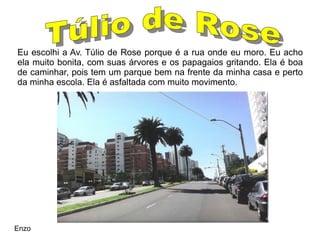 Eu escolhi a Av. Túlio de Rose porque é a rua onde eu moro. Eu acho
ela muito bonita, com suas árvores e os papagaios gritando. Ela é boa
de caminhar, pois tem um parque bem na frente da minha casa e perto
da minha escola. Ela é asfaltada com muito movimento.




Enzo
 