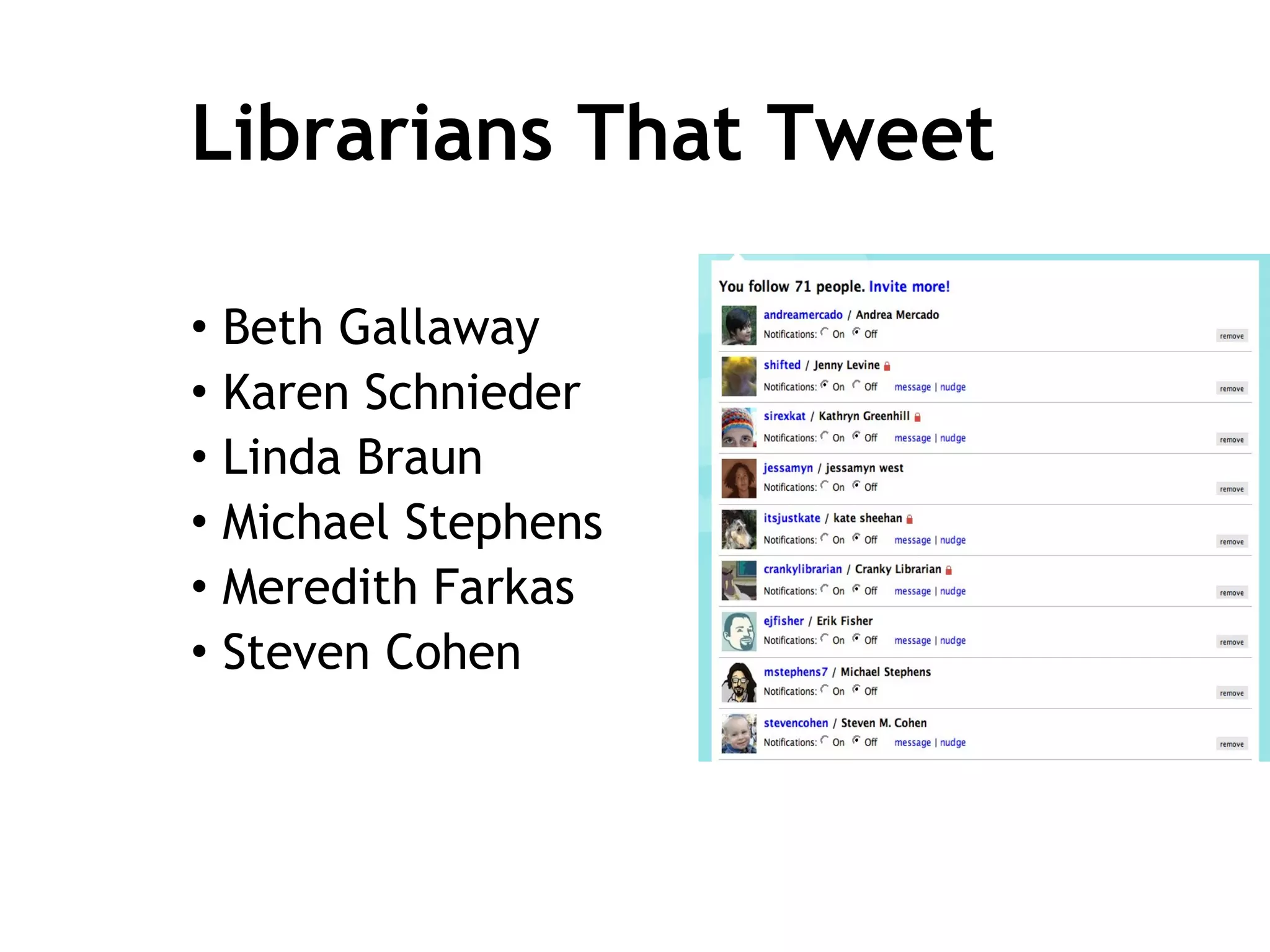 Librarians That Tweet Beth Gallaway Karen Schnieder Linda Braun  Michael Stephens Meredith Farkas  Steven Cohen 