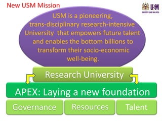 New USM Mission USM is a pioneering,                             	    trans-disciplinary research-intensive     	 University  that empowers future talent  	      and enables the bottom billions to 	      	         transform their socio-economic                       	                           well-being. Research University  APEX: Laying a new foundation Resources Governance Talent 