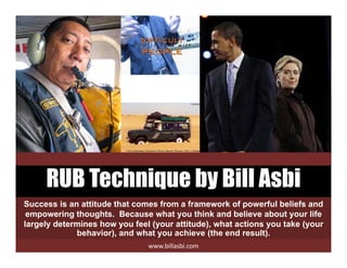 RUB Technique by Bill AsbiRUB Technique by Bill Asbi
Success is an attitude that comes from a framework of powerful beliefs and
empowering thoughts. Because what you think and believe about your lifep g g y y
largely determines how you feel (your attitude), what actions you take (your
behavior), and what you achieve (the end result).
www.billasbi.com
 
