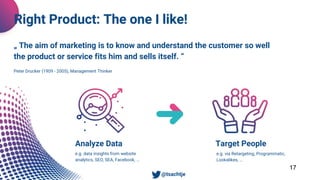 Unsere Dienstleistungen
17
Right Product: The one I like!
Analyze Data
e.g. data insights from website
analytics, SEO, SEA, Facebook, …
Target People
• @tsachtje
„ The aim of marketing is to know and understand the customer so well
the product or service fits him and sells itself. “
Peter Drucker (1909 - 2005), Management Thinker
e.g. via Retargeting, Programmatic,
Lookalikes, …
 