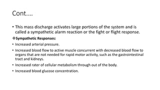 Cont.…
• This mass discharge activates large portions of the system and is
called a sympathetic alarm reaction or the fight or flight response.
Sympathetic Responses:
• Increased arterial pressure.
• Increased blood flow to active muscle concurrent with decreased blood flow to
organs that are not needed for rapid motor activity, such as the gastrointestinal
tract and kidneys.
• Increased rater of cellular metabolism through out of the body.
• Increased blood glucose concentration.
 