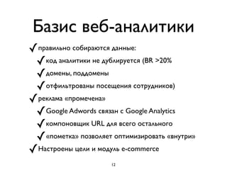Базис веб-аналитики
✓правильно собираются данные: 	

✓код аналитики не дублируется (BR >20%	

✓домены, поддомены	

✓отфильтрованы посещения сотрудников)	

✓реклама «промечена» 	

✓Google Adwords связан с Google Analytics	

✓компоновщик URL для всего остального	

✓«пометка» позволяет оптимизировать «внутри»	

✓Настроены цели и модуль e-commerce
12
 