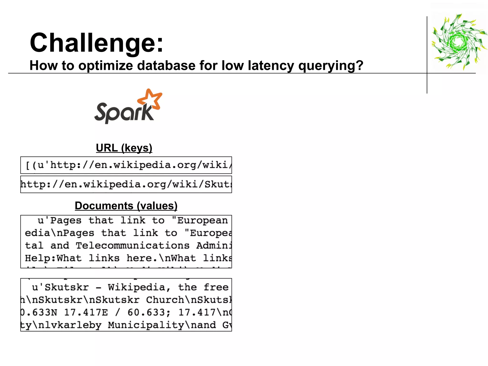 Challenge:
How to optimize database for low latency querying?
URL (keys)
Documents (values)
 