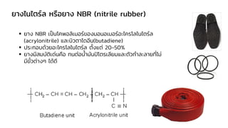 ▪ ยาง NBR เป็นโคพอลิเมอร์ของมอนอเมอร์อะไครโลไนไตร์ล
(acrylonitrile) และบิวตาไดอีน(butadiene)
▪ ประกอบด้วยอะไครโลไนไตร์ล ตั้งแต่ 20-50%
▪ ยางมีสมบัติเด่นคือ ทนต่อน้ามันปิโตรเลียมและตัวทาละลายที่ไม่
มีขั้วต่างๆ ได้ดี
ยางไนไตร์ล หรือยาง NBR (nitrile rubber)
 