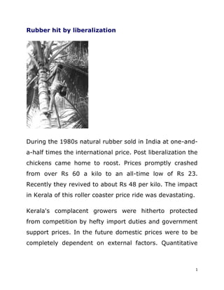Rubber hit by liberalization




During the 1980s natural rubber sold in India at one-and-
a-half times the international price. Post liberalization the
chickens came home to roost. Prices promptly crashed
from over Rs 60 a kilo to an all-time low of Rs 23.
Recently they revived to about Rs 48 per kilo. The impact
in Kerala of this roller coaster price ride was devastating.

Kerala's complacent growers were hitherto protected
from competition by hefty import duties and government
support prices. In the future domestic prices were to be
completely dependent on external factors. Quantitative



                                                               1
 